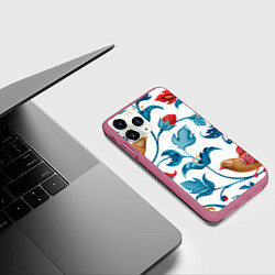 Чехол iPhone 11 Pro матовый Узоры и птицы, цвет: 3D-малиновый — фото 2
