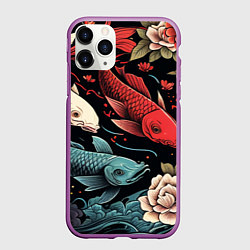 Чехол iPhone 11 Pro матовый Узор с японскими карпами кои, цвет: 3D-фиолетовый