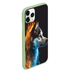 Чехол iPhone 11 Pro матовый Голова волка Стихия огня, цвет: 3D-салатовый — фото 2