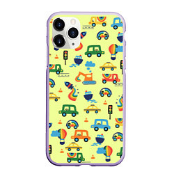 Чехол iPhone 11 Pro матовый Радуга и машинки - паттерн зеленый, цвет: 3D-светло-сиреневый
