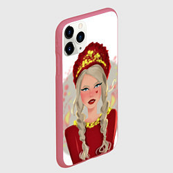 Чехол iPhone 11 Pro матовый Девушка с косичками в красном кокошнике, цвет: 3D-малиновый — фото 2