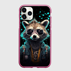 Чехол iPhone 11 Pro матовый Енот в стиле киберпанк, цвет: 3D-малиновый