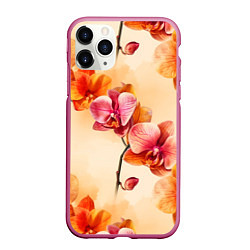 Чехол iPhone 11 Pro матовый Акварельные цветы - персиковый паттерн, цвет: 3D-малиновый