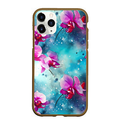 Чехол iPhone 11 Pro матовый Розовые орхидеи на бирюзовом - паттерн акварель