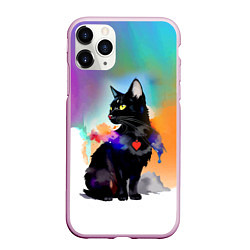 Чехол iPhone 11 Pro матовый Чёрная кошечка с сердечком на груди, цвет: 3D-розовый