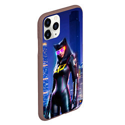 Чехол iPhone 11 Pro матовый Cat girl on the background of a megalopolis, цвет: 3D-коричневый — фото 2