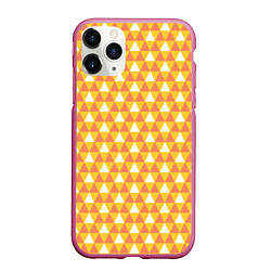 Чехол iPhone 11 Pro матовый Узор с оранжевыми, желтыми и белыми треугольниками, цвет: 3D-малиновый