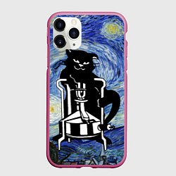 Чехол iPhone 11 Pro матовый Кот Бегемот на примусе в Звездной ночи, цвет: 3D-малиновый