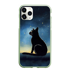 Чехол iPhone 11 Pro матовый Черный кот и звезды - акварель, цвет: 3D-салатовый