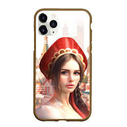 Чехол iPhone 11 Pro матовый Девушка в кокошнике с косой - кремль, цвет: 3D-коричневый