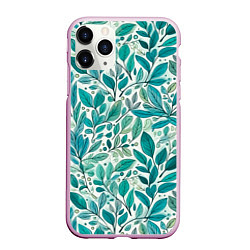 Чехол iPhone 11 Pro матовый Нежные акварельные листья, голубые и зеленые