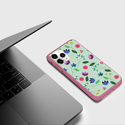 Чехол iPhone 11 Pro матовый Цветы, веточки и листья, цвет: 3D-малиновый — фото 2