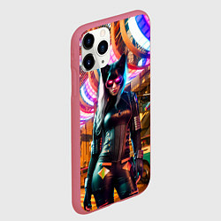 Чехол iPhone 11 Pro матовый Девчонка-кошка в ночном городе - киберпанк, цвет: 3D-малиновый — фото 2