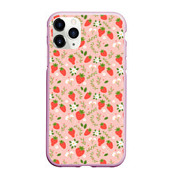 Чехол iPhone 11 Pro матовый Паттерн клубника и цветы, цвет: 3D-розовый