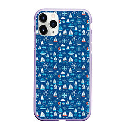 Чехол iPhone 11 Pro матовый Кораблики синий фон, цвет: 3D-светло-сиреневый