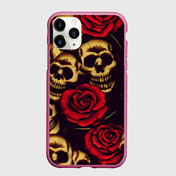 Чехол iPhone 11 Pro матовый Цветущие черепа с розой, цвет: 3D-малиновый