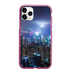 Чехол iPhone 11 Pro матовый Большой город в розово-голубых огнях, цвет: 3D-малиновый