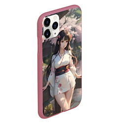 Чехол iPhone 11 Pro матовый Гейша в коротком кимоно на фоне сакуры, цвет: 3D-малиновый — фото 2