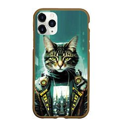 Чехол iPhone 11 Pro матовый Funny cat on the background of skyscrapers, цвет: 3D-коричневый