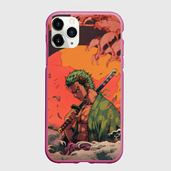 Чехол iPhone 11 Pro матовый Зоро на закате - One Piece, цвет: 3D-малиновый
