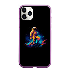 Чехол iPhone 11 Pro матовый Неоновый космонавт на луне, цвет: 3D-фиолетовый