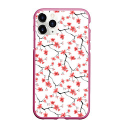 Чехол iPhone 11 Pro матовый Акварельные цветы сакуры паттерн, цвет: 3D-малиновый
