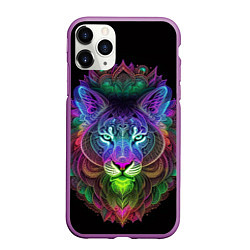 Чехол iPhone 11 Pro матовый Разноцветный неоновый лев, цвет: 3D-фиолетовый