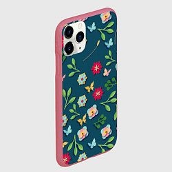 Чехол iPhone 11 Pro матовый Цветы и разноцветные бабочки, цвет: 3D-малиновый — фото 2