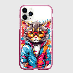 Чехол iPhone 11 Pro матовый Котик в очках - брызги красок