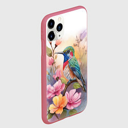 Чехол iPhone 11 Pro матовый Колибри и цветы - акварель, цвет: 3D-малиновый — фото 2