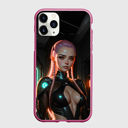 Чехол iPhone 11 Pro матовый Красивая девушка киберпанк, цвет: 3D-малиновый