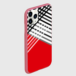 Чехол iPhone 11 Pro матовый Косые черно-белые полосы на красном, цвет: 3D-малиновый — фото 2