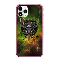 Чехол iPhone 11 Pro матовый Baldurs Gate 3 logo dark green fire, цвет: 3D-малиновый