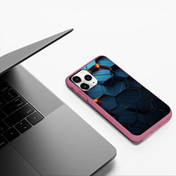 Чехол iPhone 11 Pro матовый Синие объемные плиты с оранжевыми вставками, цвет: 3D-малиновый — фото 2