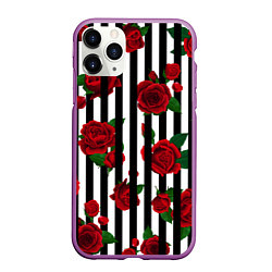Чехол iPhone 11 Pro матовый Полосы и красные розы, цвет: 3D-фиолетовый