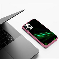 Чехол iPhone 11 Pro матовый Green lines black backgrouns, цвет: 3D-малиновый — фото 2