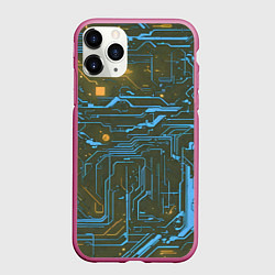 Чехол iPhone 11 Pro матовый Кибер схемы Синий и жёлтый, цвет: 3D-малиновый