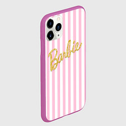 Чехол iPhone 11 Pro матовый Barbie - золотая надпись и бело-розовые полосы, цвет: 3D-фиолетовый — фото 2