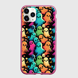 Чехол iPhone 11 Pro матовый Паттерн с разноцветными приведениями, цвет: 3D-малиновый