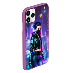 Чехол iPhone 11 Pro матовый Девчонка в маске в мегаполисе - киберпанк, цвет: 3D-фиолетовый — фото 2