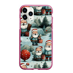 Чехол iPhone 11 Pro матовый Рождественский узор с Санта Клаусами, цвет: 3D-малиновый