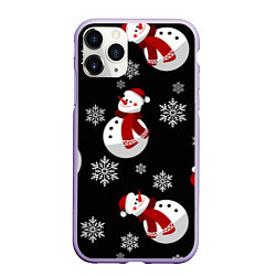 Чехол iPhone 11 Pro матовый Снеговички в зимних шапочках со снежинками, цвет: 3D-светло-сиреневый