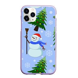 Чехол iPhone 11 Pro матовый Снеговики с новогодними елками паттерн, цвет: 3D-светло-сиреневый