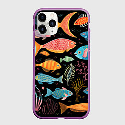 Чехол iPhone 11 Pro матовый Фолк-арт рыбовы, цвет: 3D-фиолетовый