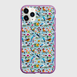 Чехол iPhone 11 Pro матовый Вязаные птички паттерн, цвет: 3D-фиолетовый
