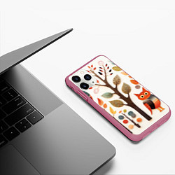 Чехол iPhone 11 Pro матовый Совы в осеннем лесу в стиле фолк-арт, цвет: 3D-малиновый — фото 2