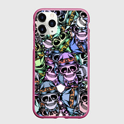 Чехол iPhone 11 Pro матовый Разноцветные черепа в кепке паттерн, цвет: 3D-малиновый