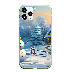 Чехол iPhone 11 Pro матовый Новый год и снеговик, цвет: 3D-салатовый