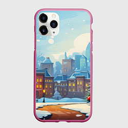 Чехол iPhone 11 Pro матовый Новогодний город, цвет: 3D-малиновый