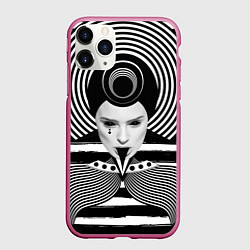 Чехол iPhone 11 Pro матовый Черно белый портрет девушки на полосатом, цвет: 3D-малиновый